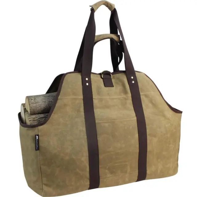 Waxed Canvas Log Carrier Tote Bag, Extra Large Durable Firewood Holder with H...