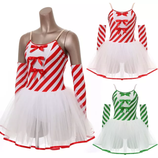 Women Candy Cane Tutu Dress With Gloves Xmas Santa Cosplay Costume New Year Dres