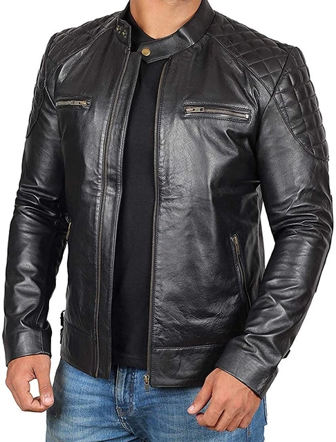 Mens Genuine Lambskin Leather Jacket Motorcycle Biker Stylish Quilted Black Coat