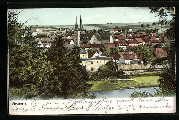Grimma, Teilansicht mit Kirche, Ansichtskarte 1903
