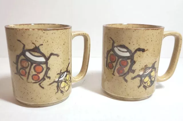 JAPAN Stoneware Mugs MID CENTURY Brown CERAMIC COFFEE Cup Set Vintage Beetle Bug