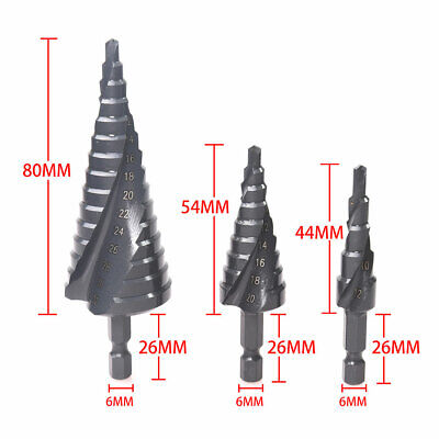 Set of 3 HSS Spiral Grooved Step Cone Drill Drills Bit 4-12 4-20 4-32mm Hole Cut 2