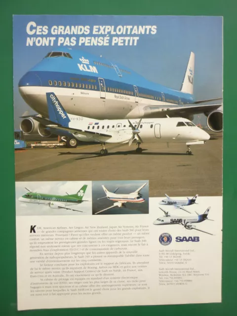 4/91 Pub Saab 340 Klm Boeing 747 Airliner Aer Lingus American Airline French Ad