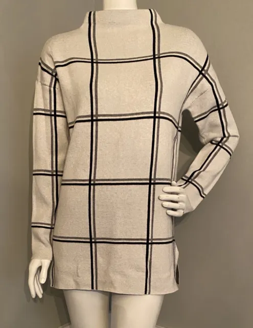 Jones New York Tunic Sweater Pullover Gray Black Boat Neck Windowpane Womens XS