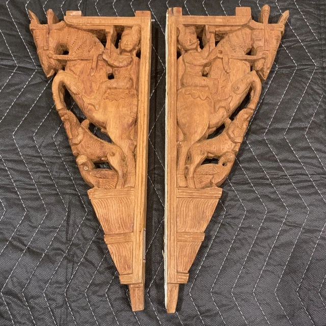 Horse Soldier Sculpture Wall Corbel Pair Bracket Wooden Statue Wall Shelf Decor
