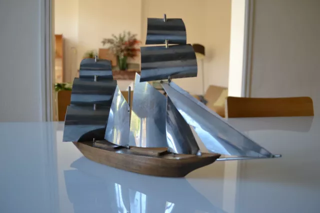 Maquette Decorative Art Deco Bateau Voilier Bois Palissandre Et Metal Chrome