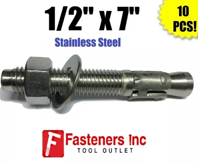 (QTY 10) 1/2" x 7" Concrete Wedge Anchor Stainless Steel Grade 304