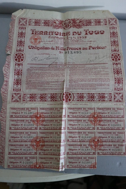 Action emprunt obligation titre TERRITOIRE DU TOGO 1000 FRANCS 1932