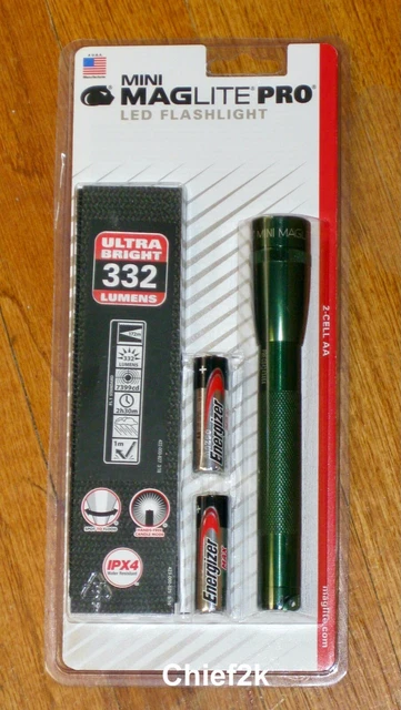 MAGLITE PRO 2 Cell AA LED Flashlight, GREEN Mag Lite Maglight 332 Lumens