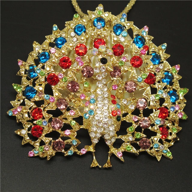 New Colorful Crystal Bling Peacock Animal Pendant Betsey Johnson Chain Necklace