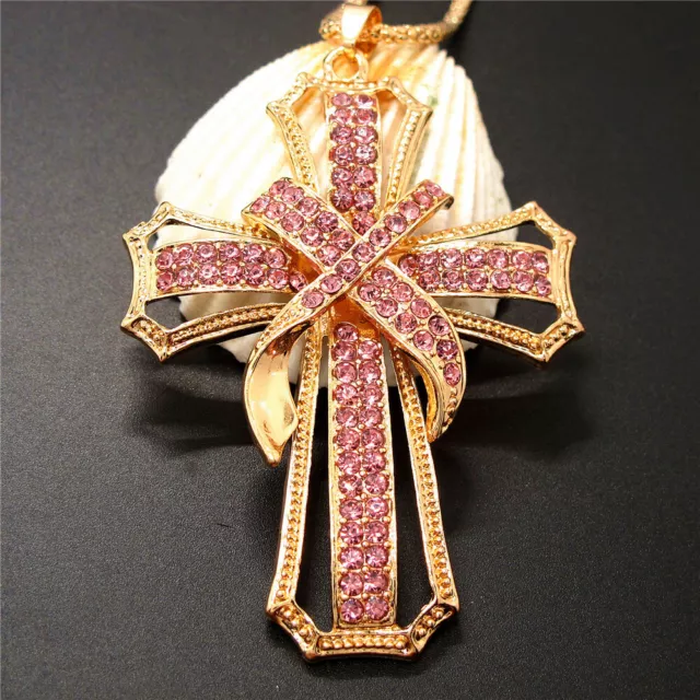New Pink Rhinestone Cross Bling Crystal Pendant Holiday gifts  Necklace
