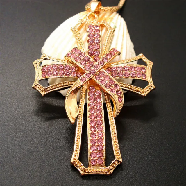 New Pink Rhinestone Cross Bling Crystal Pendant  Betsey Johnson  Necklace