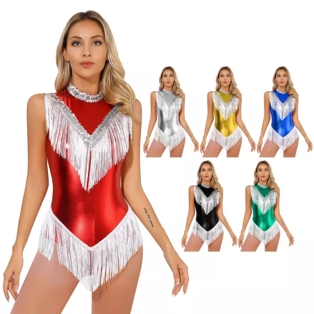 Womens Dancewear Fringed Bodysuit Invisible Zipper Cheerleading Dancing Dresses