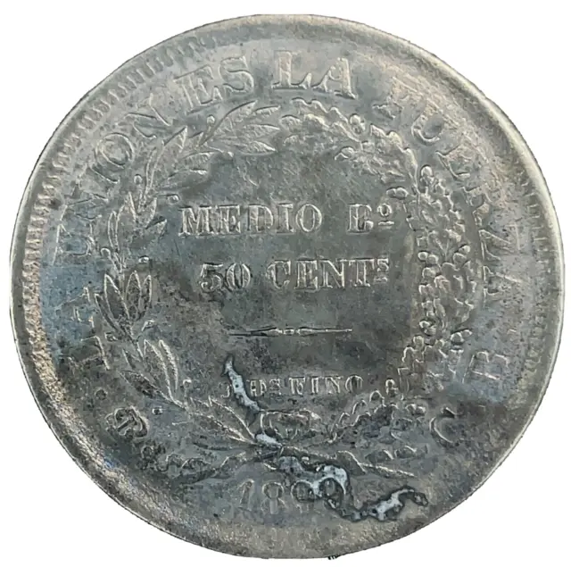 Bolivia 1899 PTS CB  1/2 Boliviano 50 Centavos Silver Coin KM# 161.5
