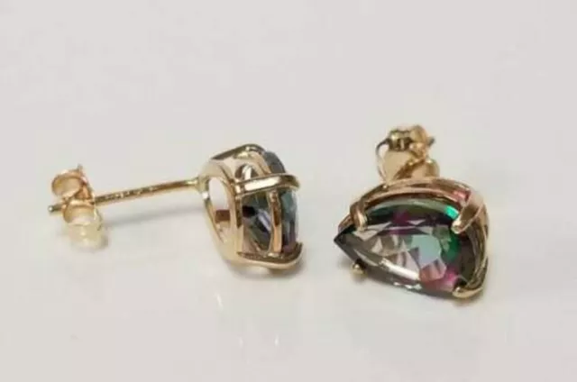 1CT Pear Cut Green Mystic Topaz Solitaire Stud Earrings in 14K Yellow Gold Over 2