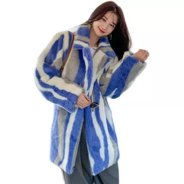 Womens Coat Faux Mink Fur Mid Long Lapel Parka Trench Coat Warm Outwear Jackets