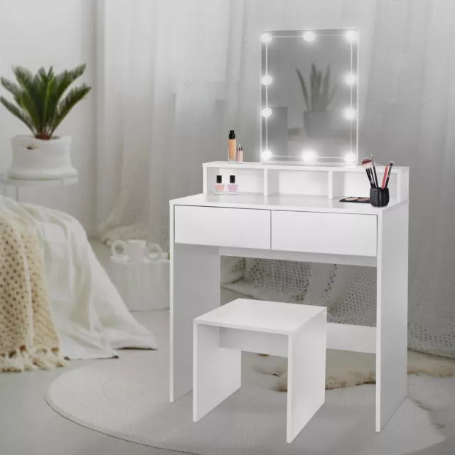 Juego de tocador espejo LED taburete mesa maquillaje blanca cajones dormitorio