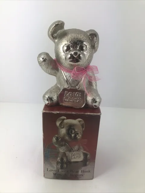 VTG Silver Plate Teddy Bear Love Lasts Pink Ribbon Money Coin Bank Wm A Rogers
