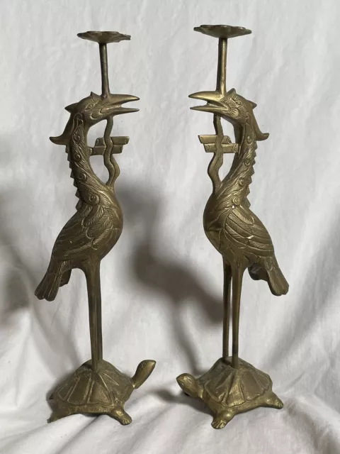 Vintage Brass Style Metal Crane Bird On Turtle Candle Holder