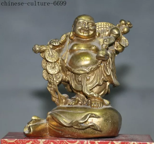 Chinese Buddhism temple brass Yuanbao Happy Laugh Maitreya Buddha Money Statue
