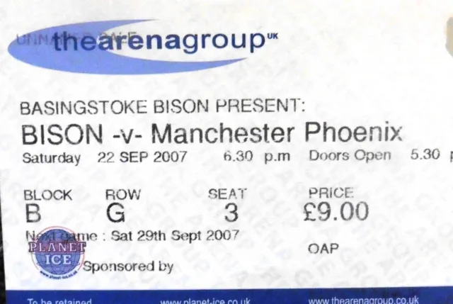 Basingstoke Bison V Manchester Pheonix 22/9/2007 Ice Hockey Ticket #Mint#