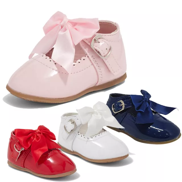 Baby Girls Spanish Bow Shoes Patent Mary Jane White Pink Navy Red Party Uk 2-8