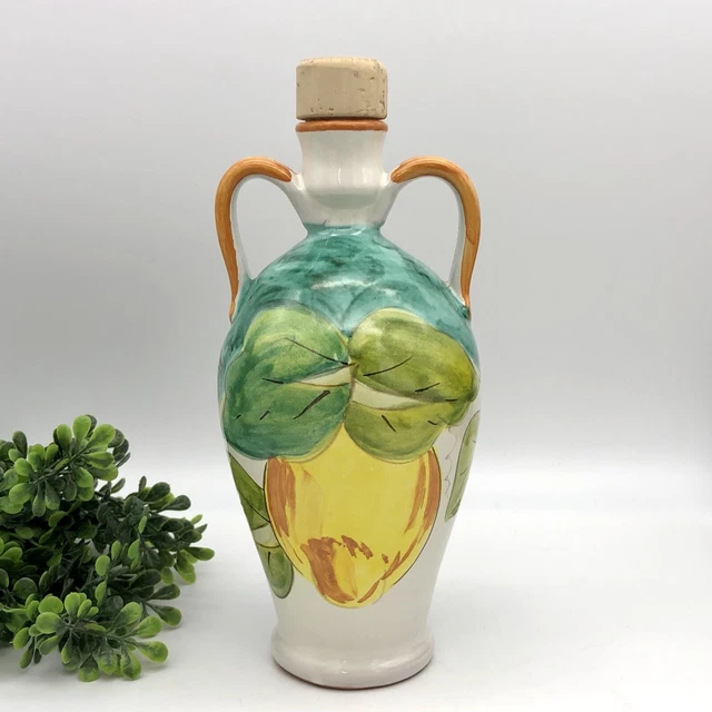 Vtg Italian Decanter Lemon Leaf Blue Floral Double Handle Corked Italy Ravello
