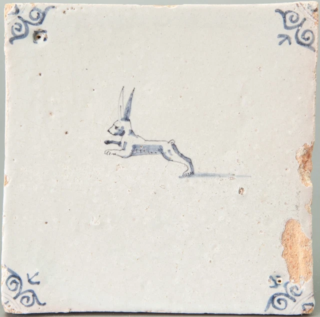 Nice Dutch Delft Blue animal tile, jumping hare, second half 17th. century.