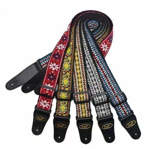 Braid Embroidered Woven Guitar Strap 2'' Leather End for Bass/Acoustic/Electric