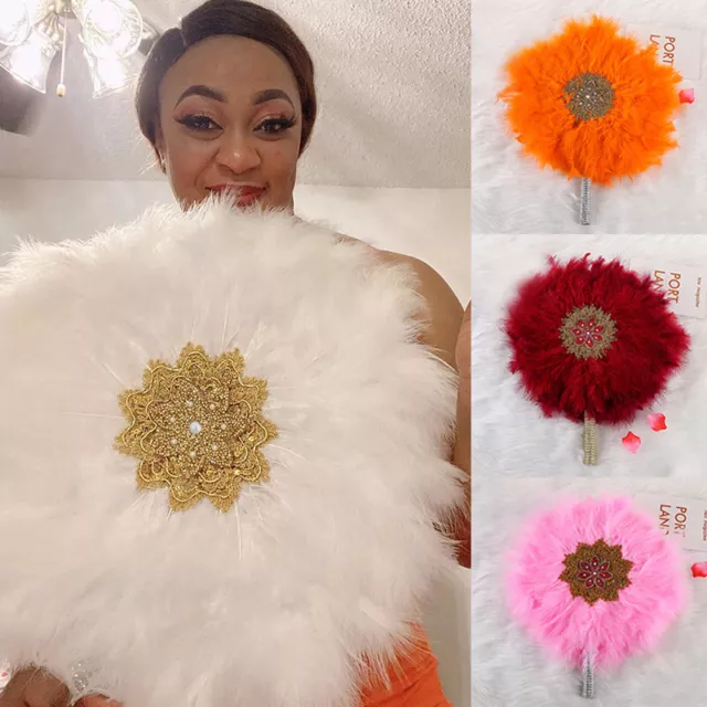 Vintage African Wedding Bridal Turkey Feather Fan Nigerian Party Dance Hand Fans