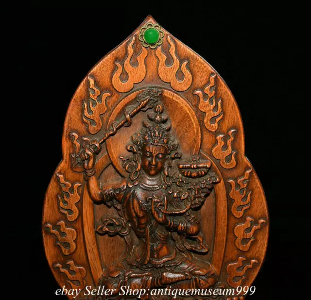 22CM  Old Chinese Boxwood Carved Wenshu Kwan-yin Guan Yin Screen Statue 2