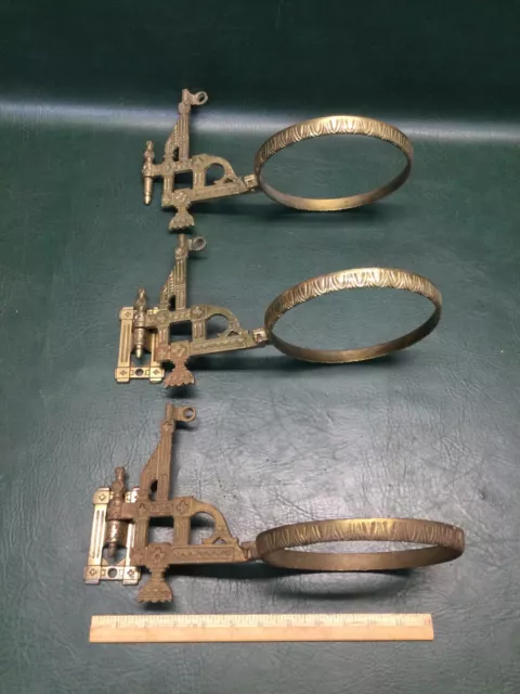 Set of 3 Cast Iron Wall Brackets Kerosene Oil Lamp Arms Brass Plated Eastlake