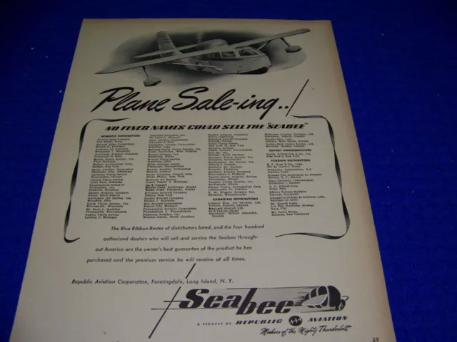1946 Republic Seabee "Plane Sale-Ing"..1-Page Original Sales Ad (569Ff)