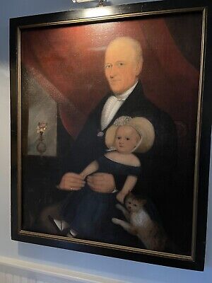 STUNNING Early 19TH CENTURY AMERICAN FOLK Painting Father And Child An Pet Cat