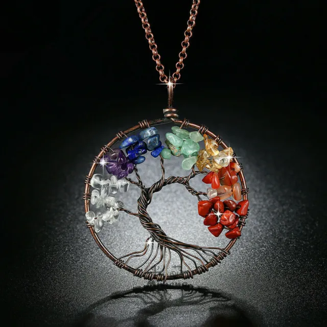 Natural Gemstone Tree of Life Pendant Necklace 7 Chakra Healing Crystal Charm 3