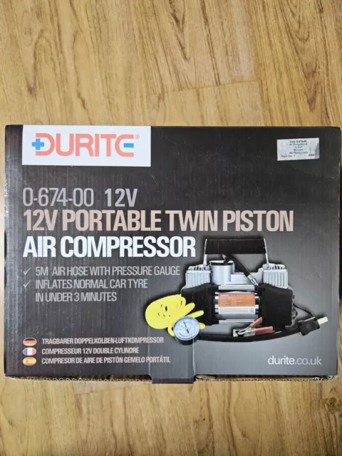 Durite Heavy Duty 12v Portable Twin Piston Air Compressor/Tyre Inflator 0-674-00