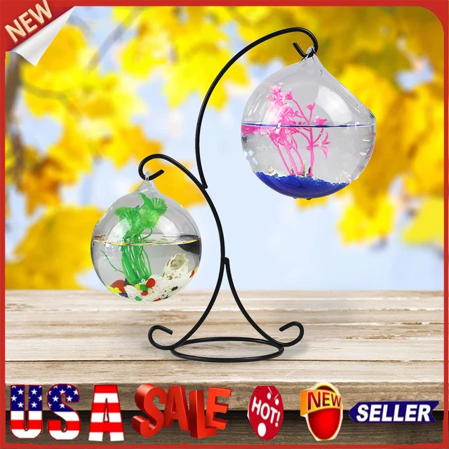 Desk Hanging Fish Tank Bowl with Stand Transparent Glass Fish Bowl Mini Aquarium
