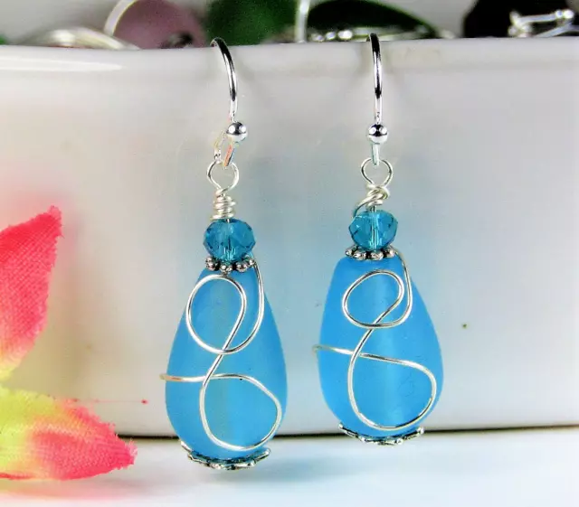 Caribbean Blue Sea Glass Teardrop, Silver Ladies Dangle Earrings, Beach Fashion