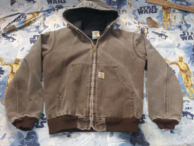 Vtg Carhartt Y06 CHT Quilt Lined Duck Hooded Brown Jacket Youth Size XL