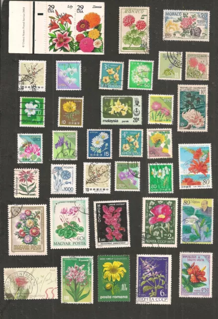 FLEURS DU MONDE LOT DE 36 TIMBRES dont carnet USA 2 timbres neufs