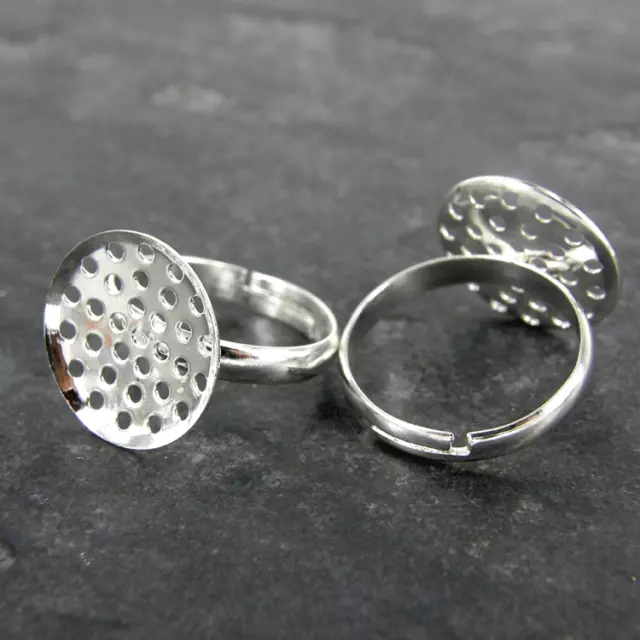 10 20 50 Silver Plated Best QUALITY Adjustable Ring Blanks Sieve 14 mm Base