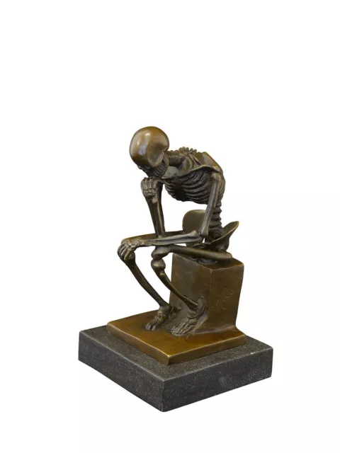 Der Denker Skelett Bronze Figur Bronzeskulptur mit Marmorsockel H: 15 cm (8431)