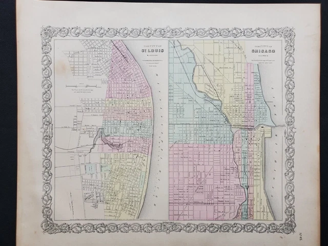 1855 Colton Map - Chicago IL + St Louis MO Landmarks -100% Genuine Antique