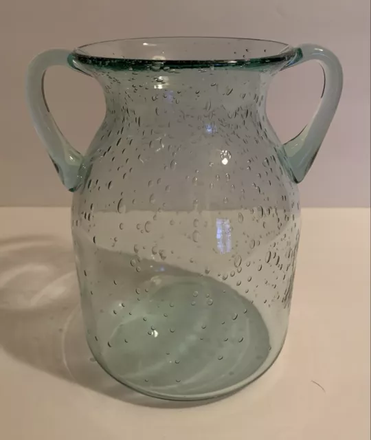 Studio Art Glass Round Blue Tinted Vase With Applied Handles Controlled Bubbles