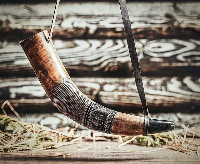 Viking War Horn - 18" Genuine Ox-Horn Battle Trumpet - Premium Hand Engraved