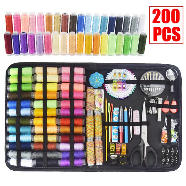 200Pcs Sewing Kit Measure Scissor Thimble Thread Needle Storage Box Travel Set!