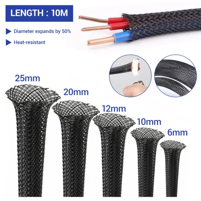 Pet Braided Sleeving Wire Loom Tubing Cable Management Stretch Mesh Wrapper 10M