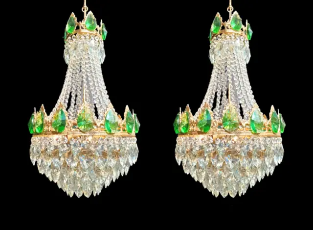 Pair Emerald Color Crystal Chandelier Antique Vintage Brass LED Basket Ceiling