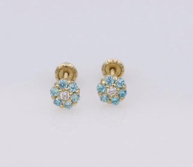 Luce Fiore Blu Bambino Orecchini " REAL 14K " Oro Giallo + Protettivo Neonato