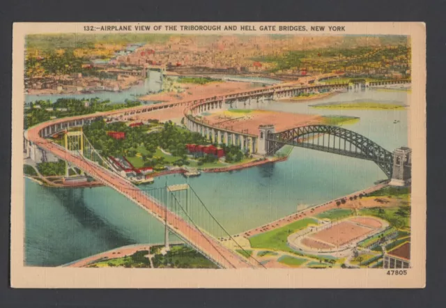 border postcard aerial view Triborough & Hell Gate Bridges, New York